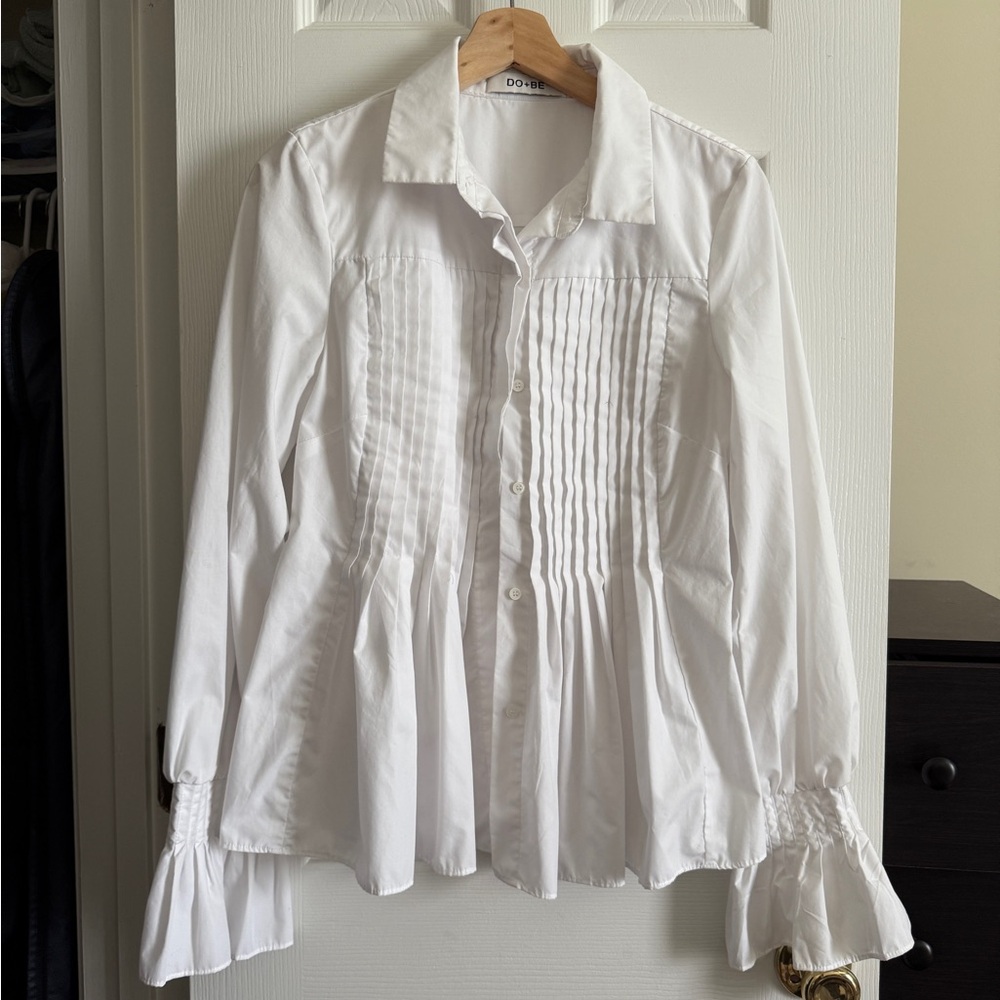 DO+BE Pleated Front Ruffle Button-Down Blouse